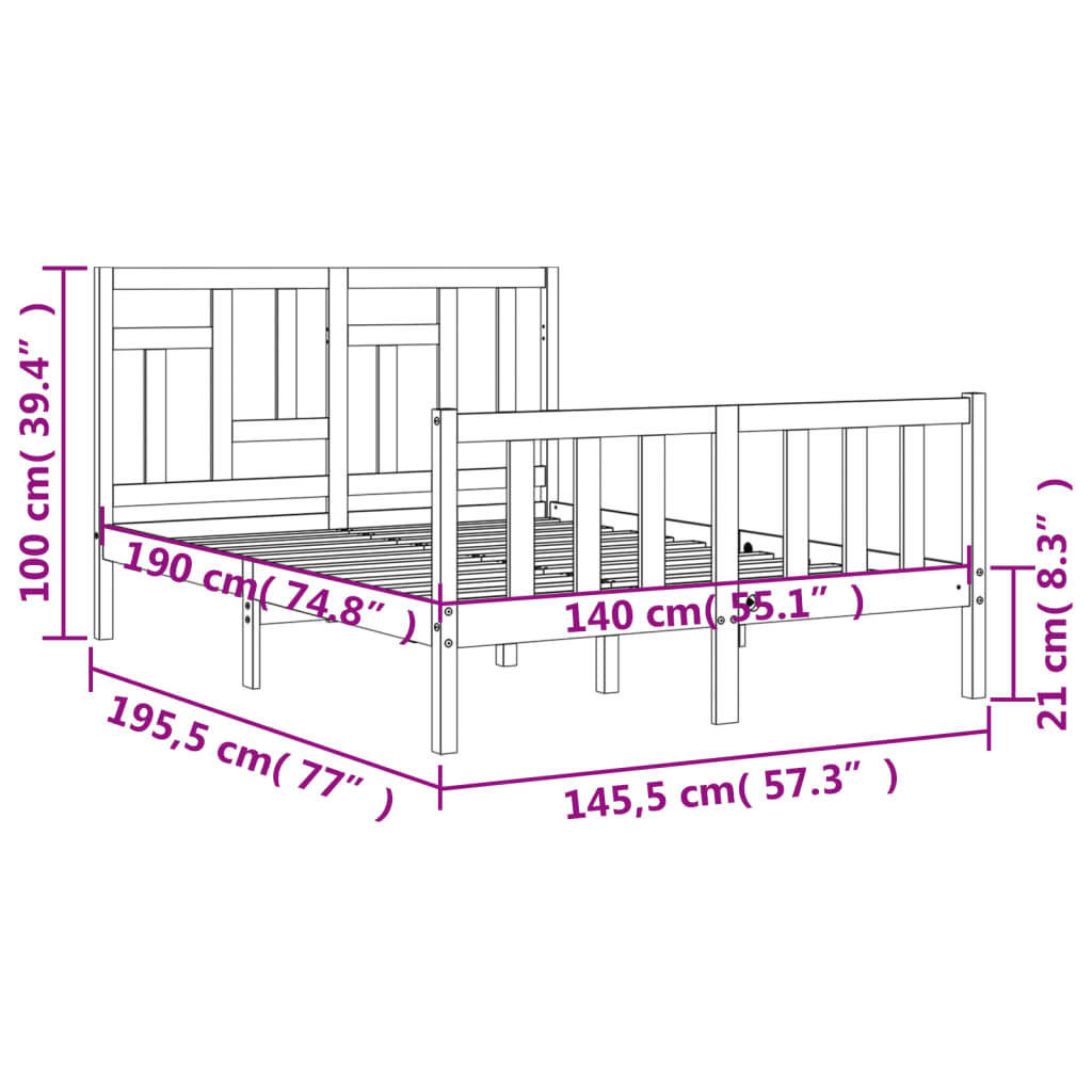 Okvir kreveta s uzglavljem bijeli 140 x 190 cm od masivnog drva