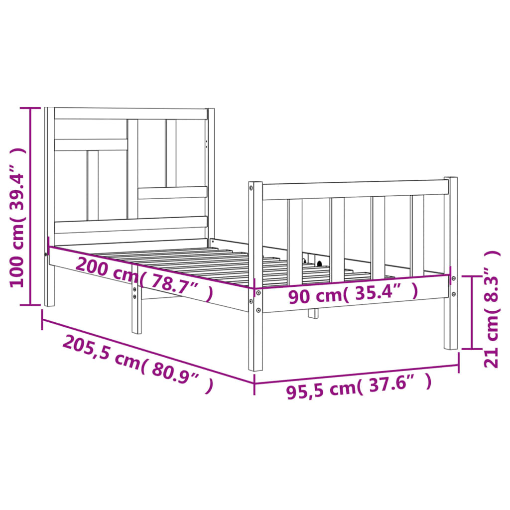 Rám postele s čelem 90 x 200 cm masivní dřevo