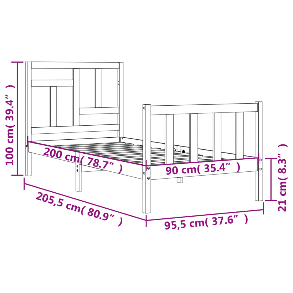 Posteljni okvir z vzglavjem bel 90x200 cm trden les