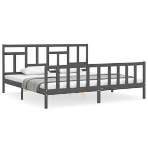 Rám postele s čelem šedý 200 x 200 cm masivní dřevo - obrázek 2