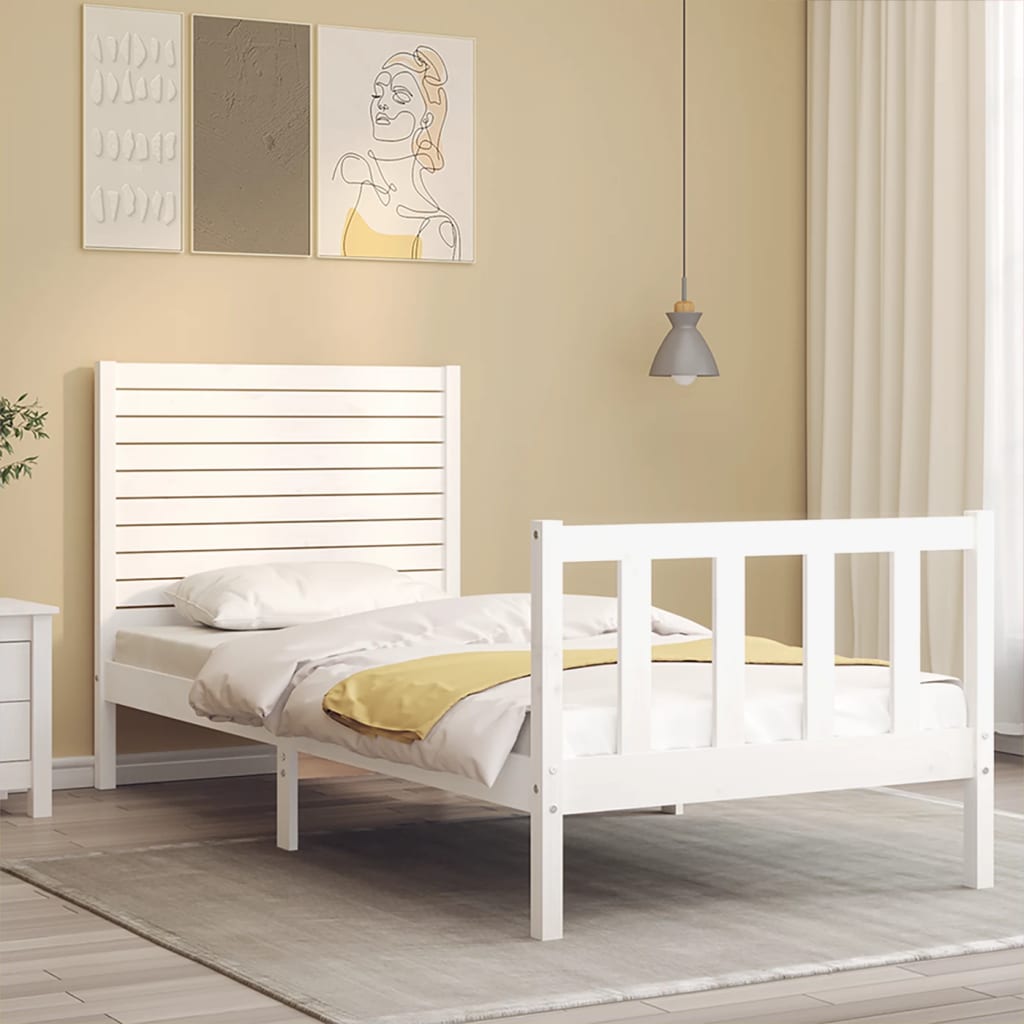 vidaXL Bed Frame with Headboard White Single Solid Wood