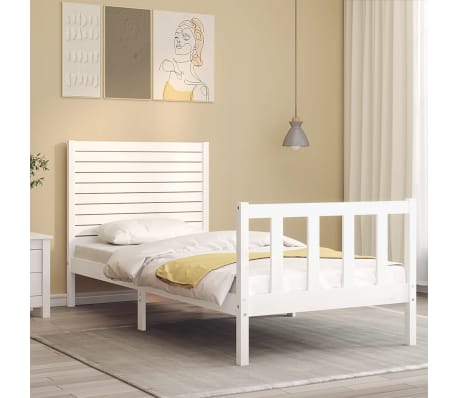 vidaXL Bed Frame with Headboard White Single Solid Wood