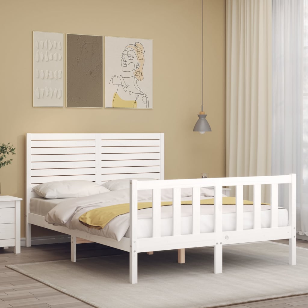 vidaXL Bedframe met hoofdbord massief hout wit afbeelding