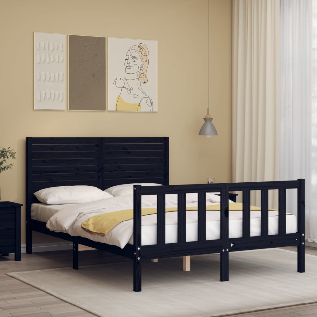 Cadru de pat cu tăblie dublu, negru, lemn masiv