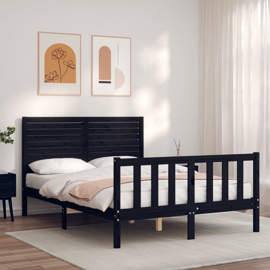 Cadru de pat cu tăblie dublu, negru, lemn masiv