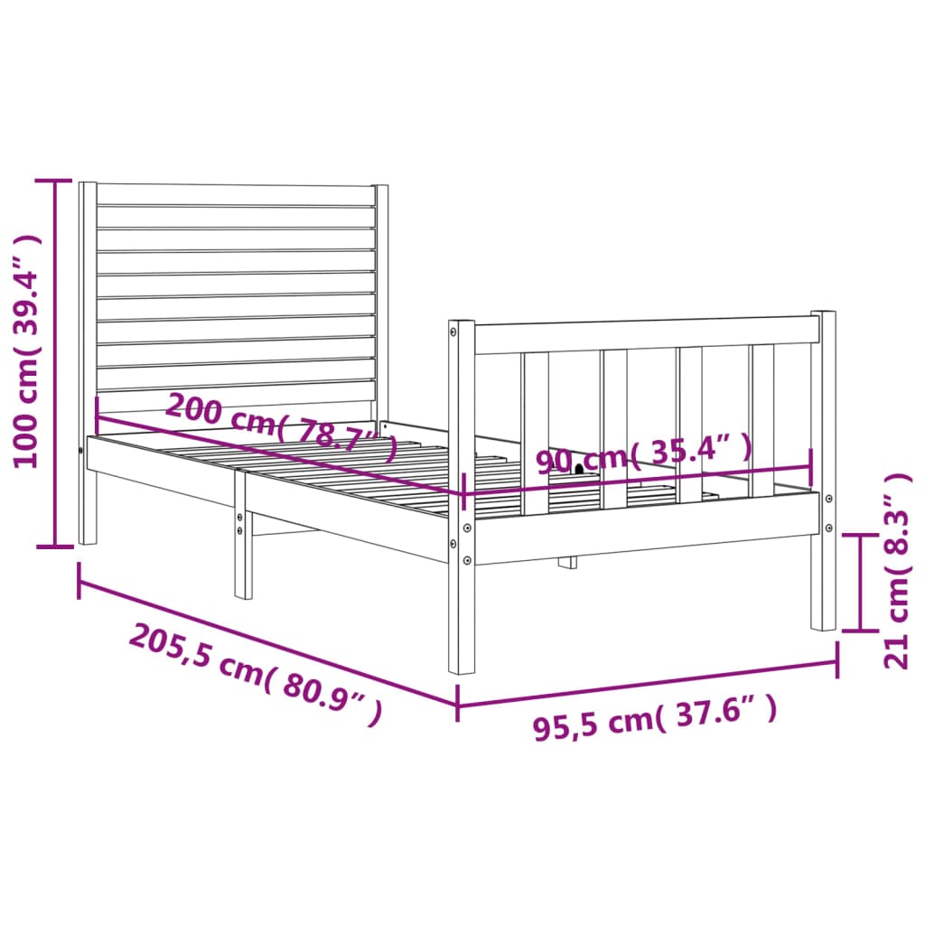 mézbarna tömör fa ágykeret fejtámlával 90 x 200 cm