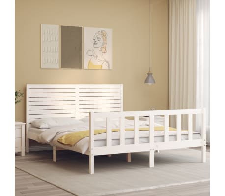 vidaXL Cadru de pat cu tăblie, alb, king size, lemn masiv