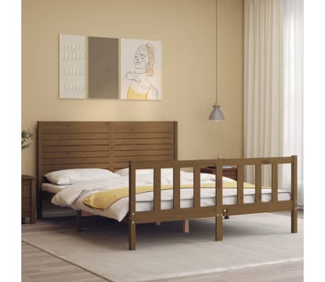 vidaXL Lovos rėmas su galvūgaliu, rudas, medienos masyvas, didelis