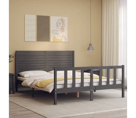 vidaXL Lovos rėmas su galvūgaliu, pilkas, 160x200cm, medienos masyvas