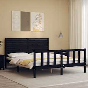 vidaXL gultas rāmis ar galvgali, 160x200 cm, masīvkoks, melns