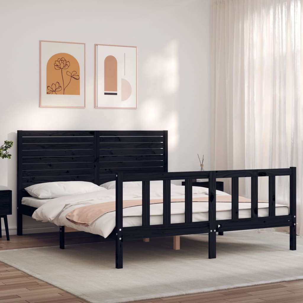 Rám postele s čelem černý 160 x 200 cm masivní dřevo