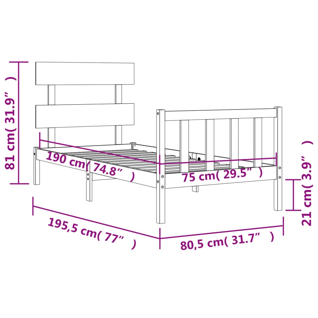 Rama łóżka z wezgłowiem, czarna, 2FT6, pojedyncza, lite drewno