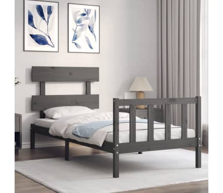 vidaXL Cadru de pat cu tăblie single, gri, lemn masiv