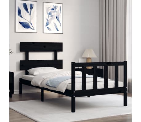 vidaXL Cadru de pat cu tăblie single, negru, lemn masiv