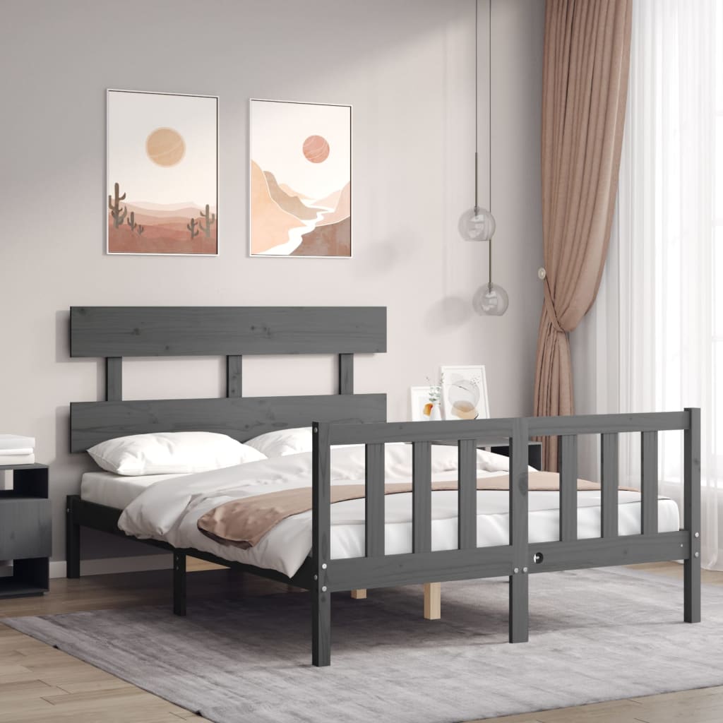 Cadre de lit avec tête de lit gris petit double bois massif