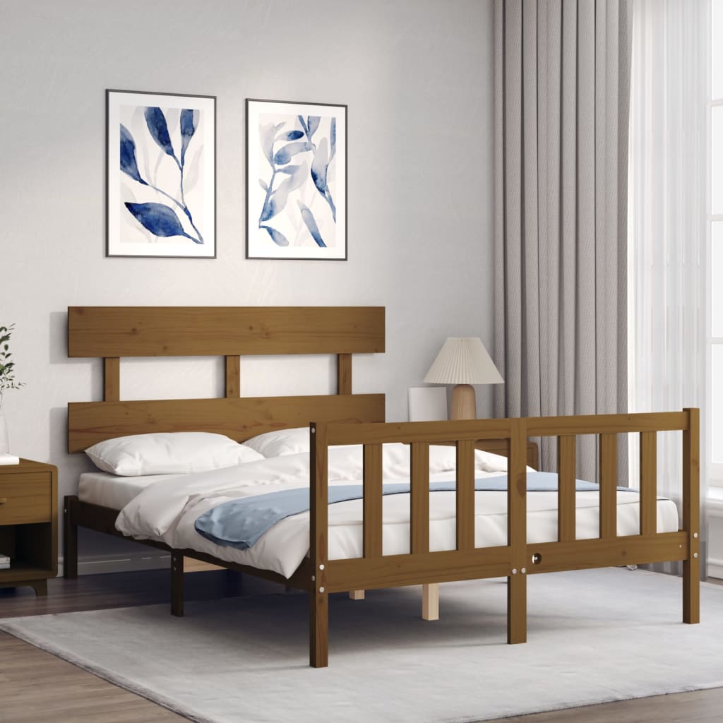 vidaXL Bed Frame with Headboard Honey Brown Small Double Solid Wood