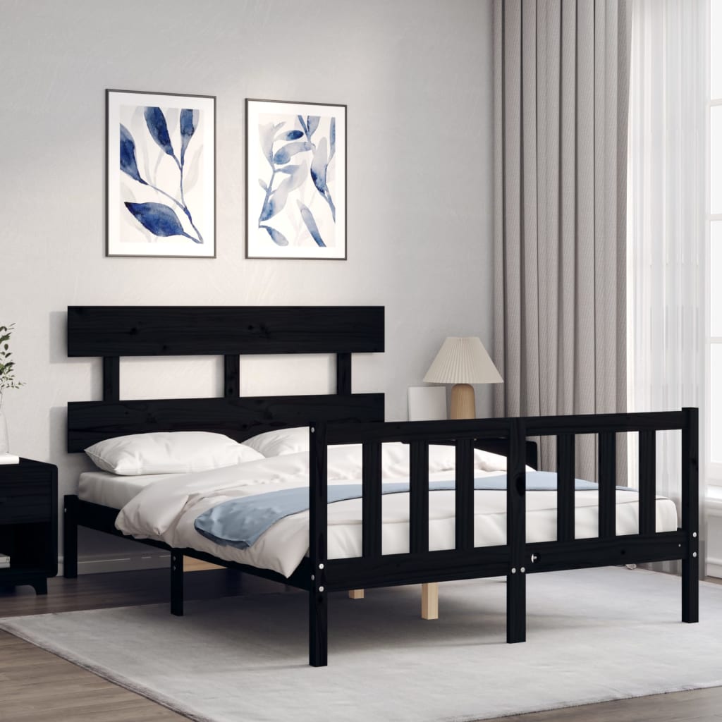 vidaXL Estructura cama de matrimonio con cabecero madera maciza negro