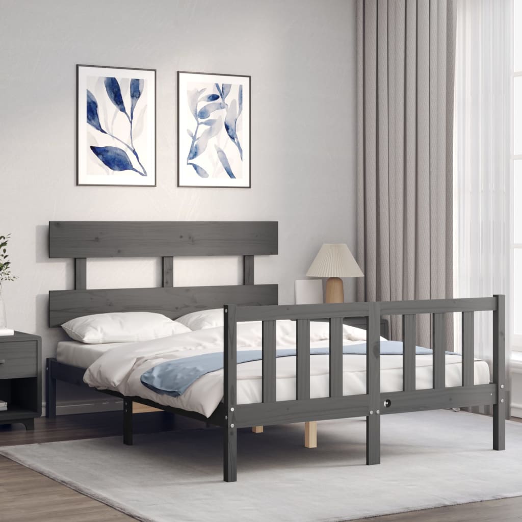 vidaXL Bedframe met hoofdbord massief hout grijs 140x190 cm