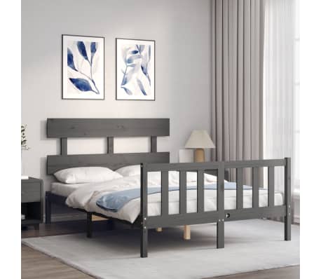 vidaXL Bed Frame with Headboard Grey 140x190 cm Solid Wood