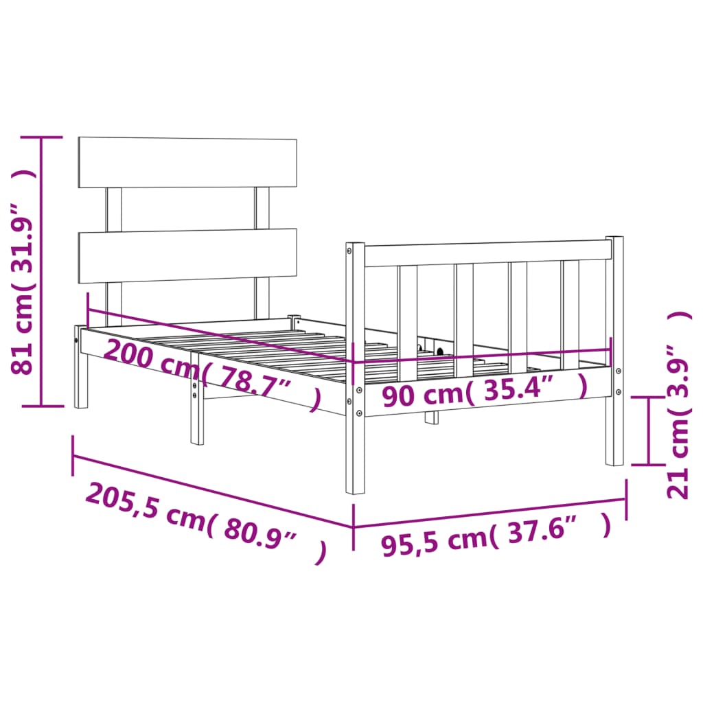 Posteljni okvir z vzglavjem 90x200 cm trden les