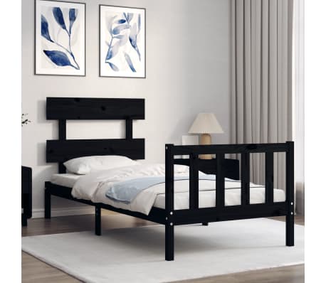 vidaXL Lovos rėmas su galvūgaliu, juodas, 90x200cm, medienos masyvas