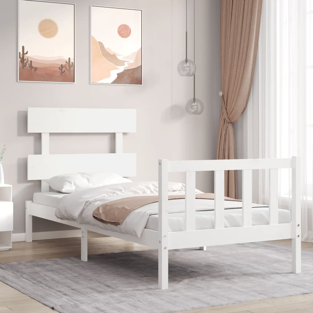 vidaXL Cadru de pat cu tăblie, alb, 100×200 cm, lemn masiv 100x200
