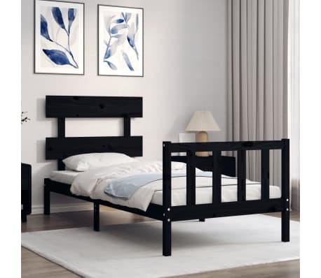 vidaXL Рамка за легло с табла, черно, 100x200 см, масивно дърво