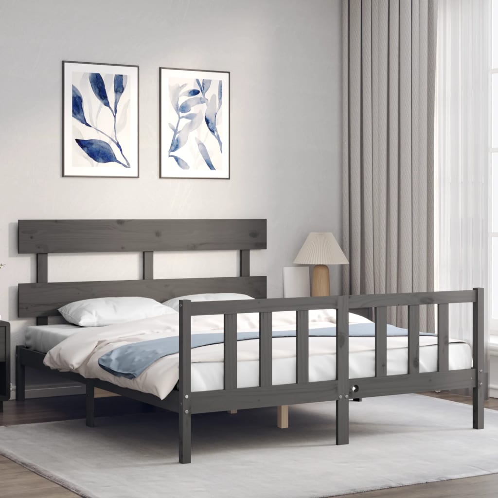 vidaXL Bedframe met hoofdbord massief hout grijs afbeelding