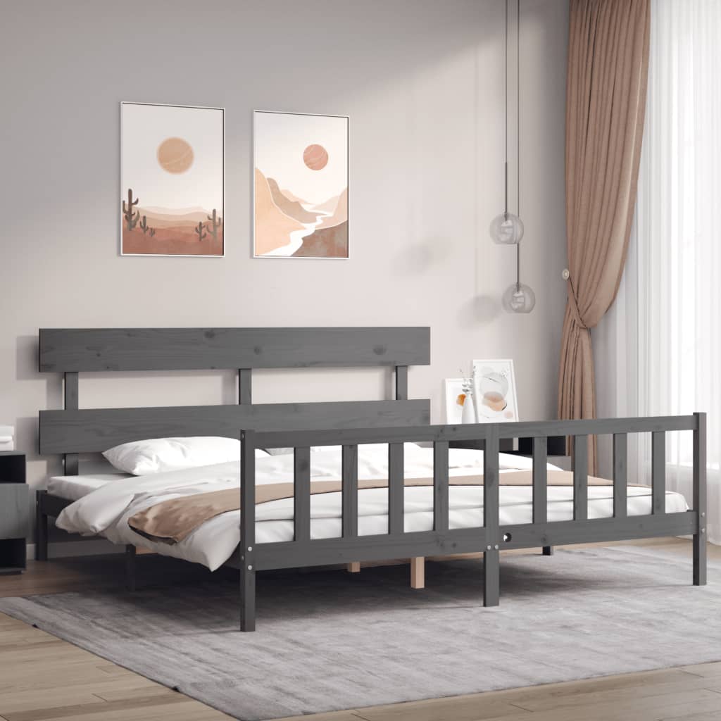 vidaXL Cadre de lit avec tête de lit gris Super King bois massif