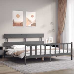 Rám postele s čelem šedý 200 x 200 cm masivní dřevo - obrázek 1
