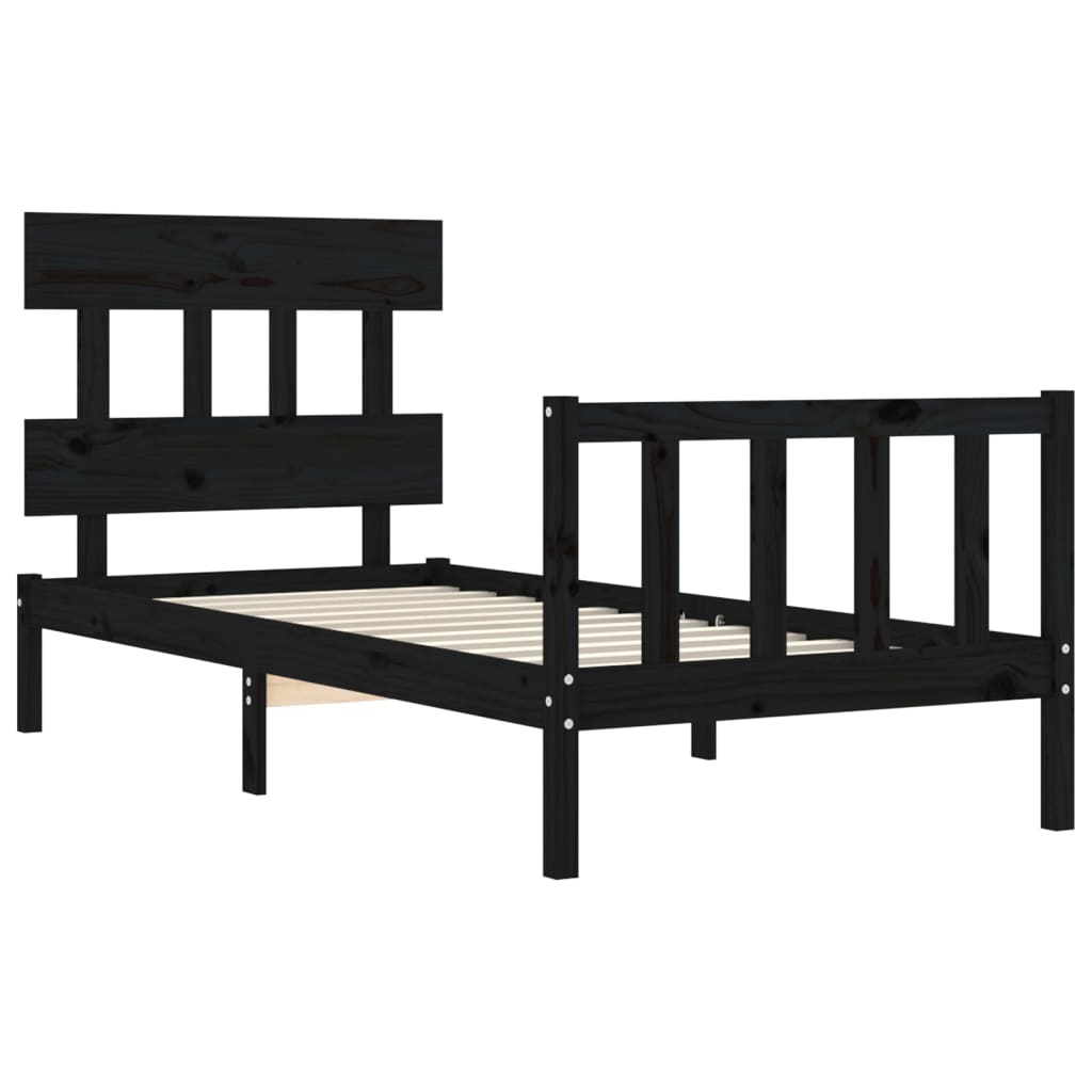 Cadru de pat cu tăblie Small Single, negru, lemn masiv