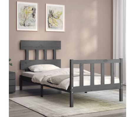 vidaXL Lovos rėmas su galvūgaliu, pilkas, 90x200cm, medienos masyvas