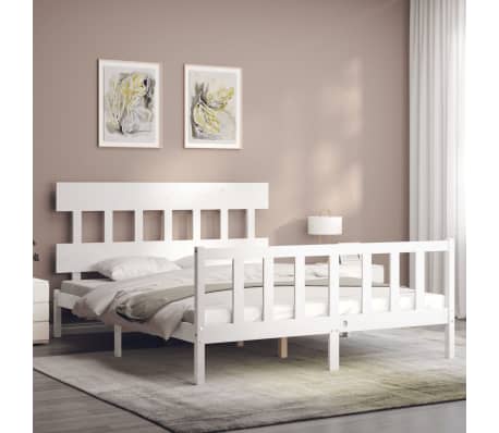 vidaXL Cadru de pat cu tăblie, alb, king size, lemn masiv