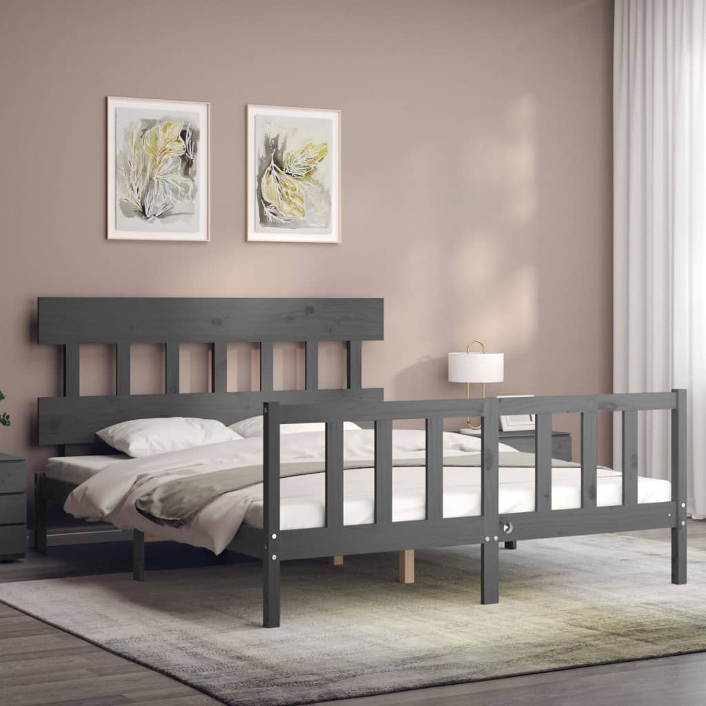 vidaXL Bedframe met hoofdbord massief hout grijs 160x200 cm