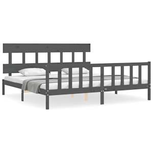 Rám postele s čelem šedý 200 x 200 cm masivní dřevo - obrázek 2