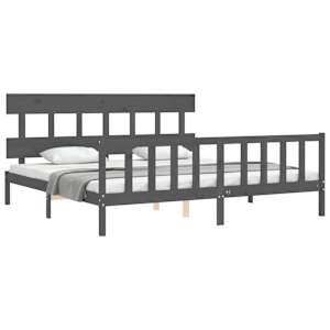 Rám postele s čelem šedý 200 x 200 cm masivní dřevo - obrázek 4