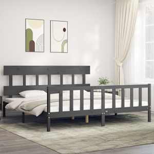 Rám postele s čelem šedý 200 x 200 cm masivní dřevo - obrázek 1