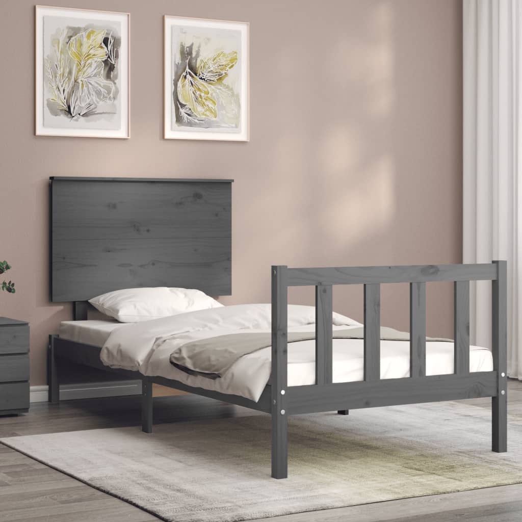 Cadru de pat cu tăblie single, gri, lemn masiv