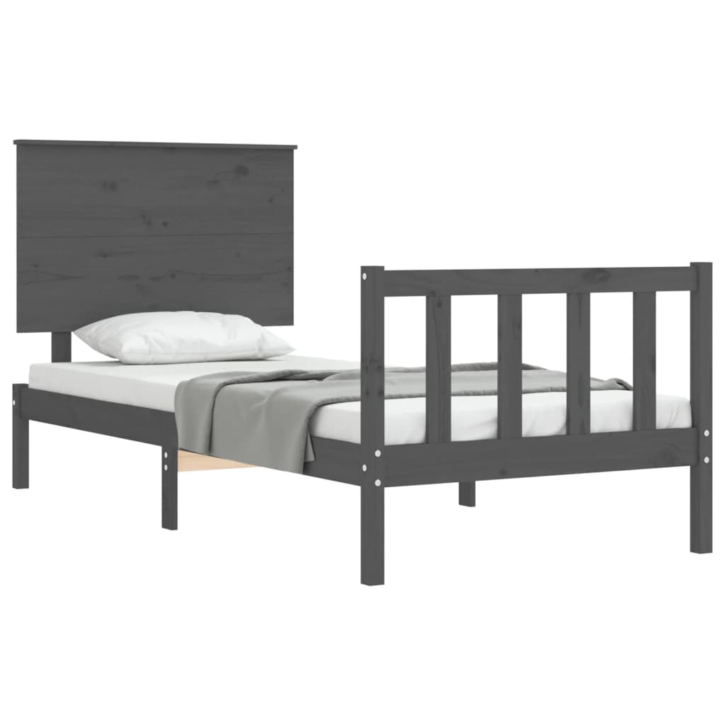 Cadru de pat cu tăblie single, gri, lemn masiv