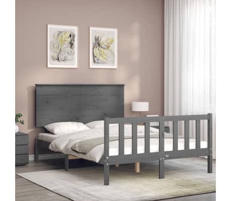 vidaXL Lovos rėmas su galvūgaliu, pilkas, mediena, mažas dvivietis