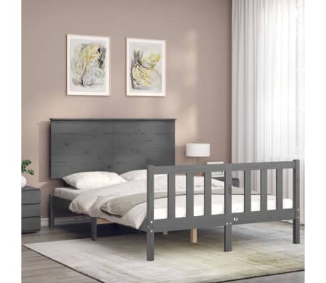 vidaXL Lovos rėmas su galvūgaliu, pilkas, medienos masyvas, dvivietis