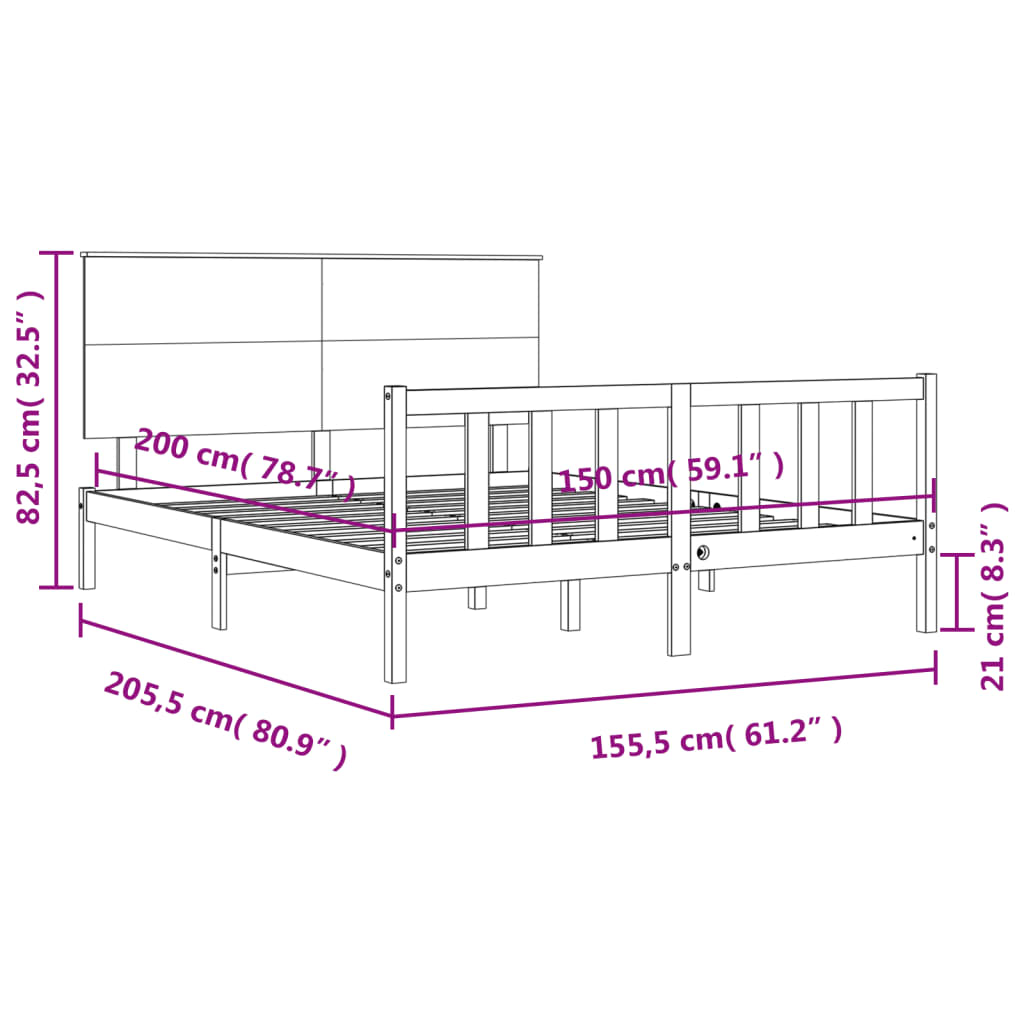 Рамка за легло с табла бяла 5FT King Size масивно дърво