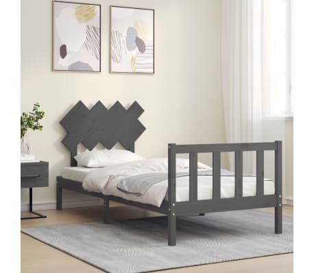 vidaXL Lovos rėmas su galvūgaliu, pilkas, medienos masyvas, vienvietis