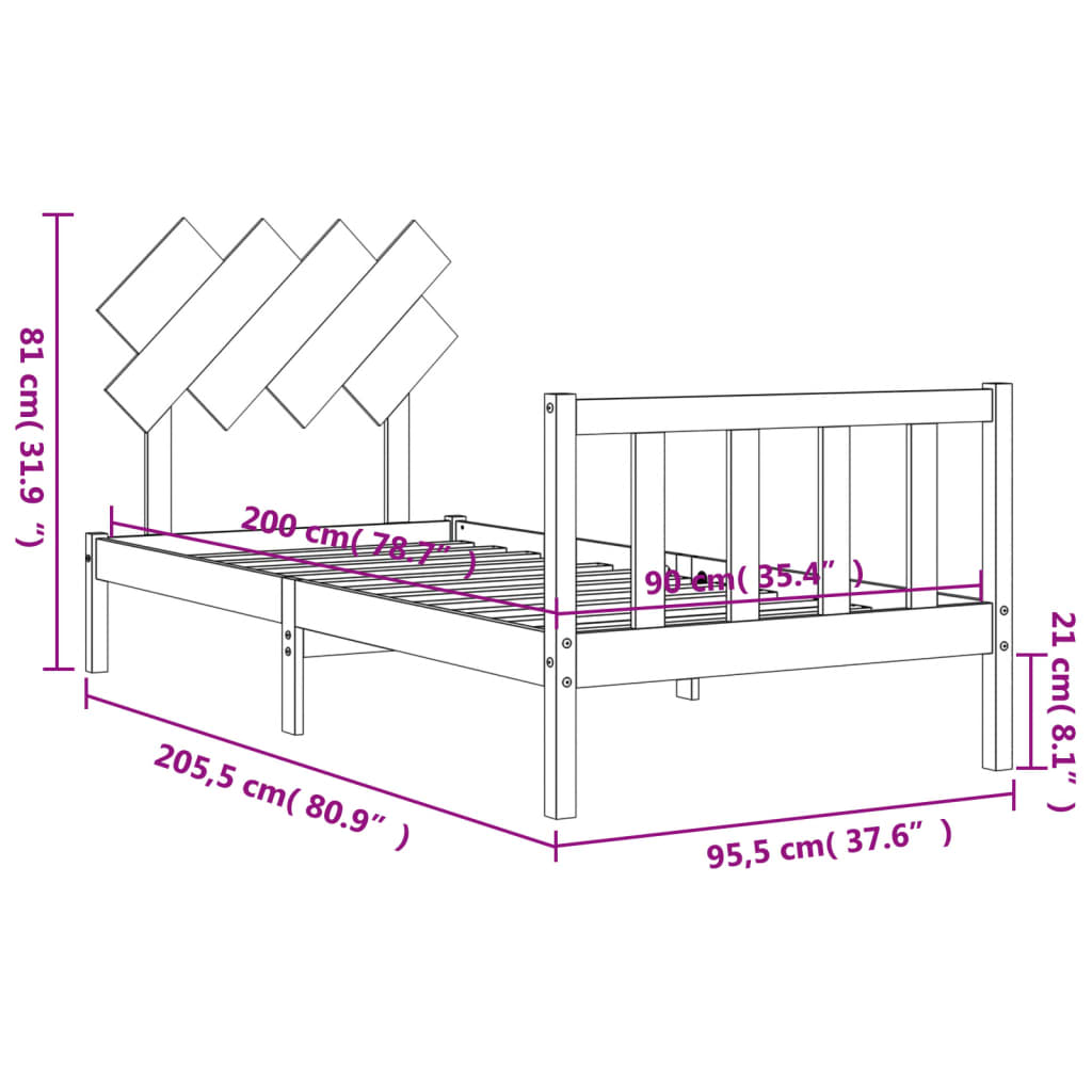 Rám postele s čelem 90 x 200 cm masivní dřevo