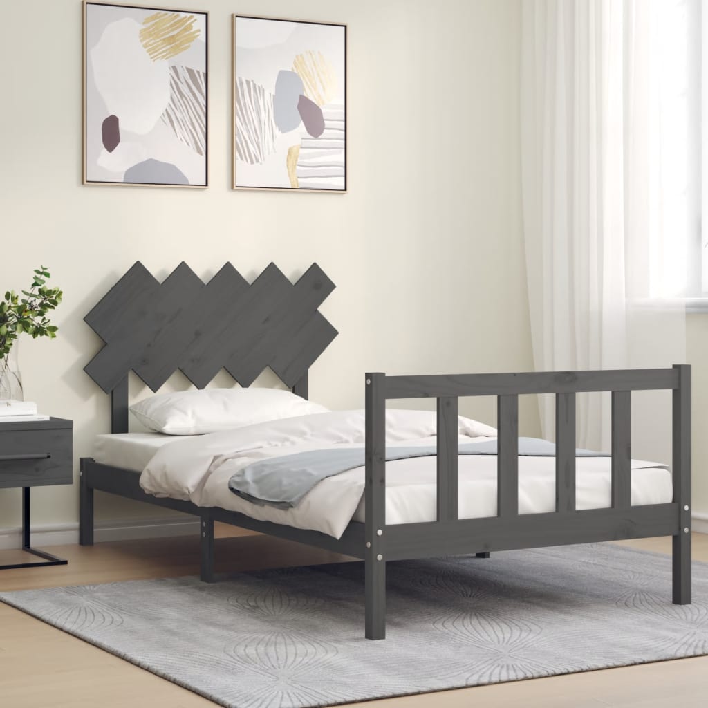 szürke tömör fa ágykeret fejtámlával 100 x 200 cm