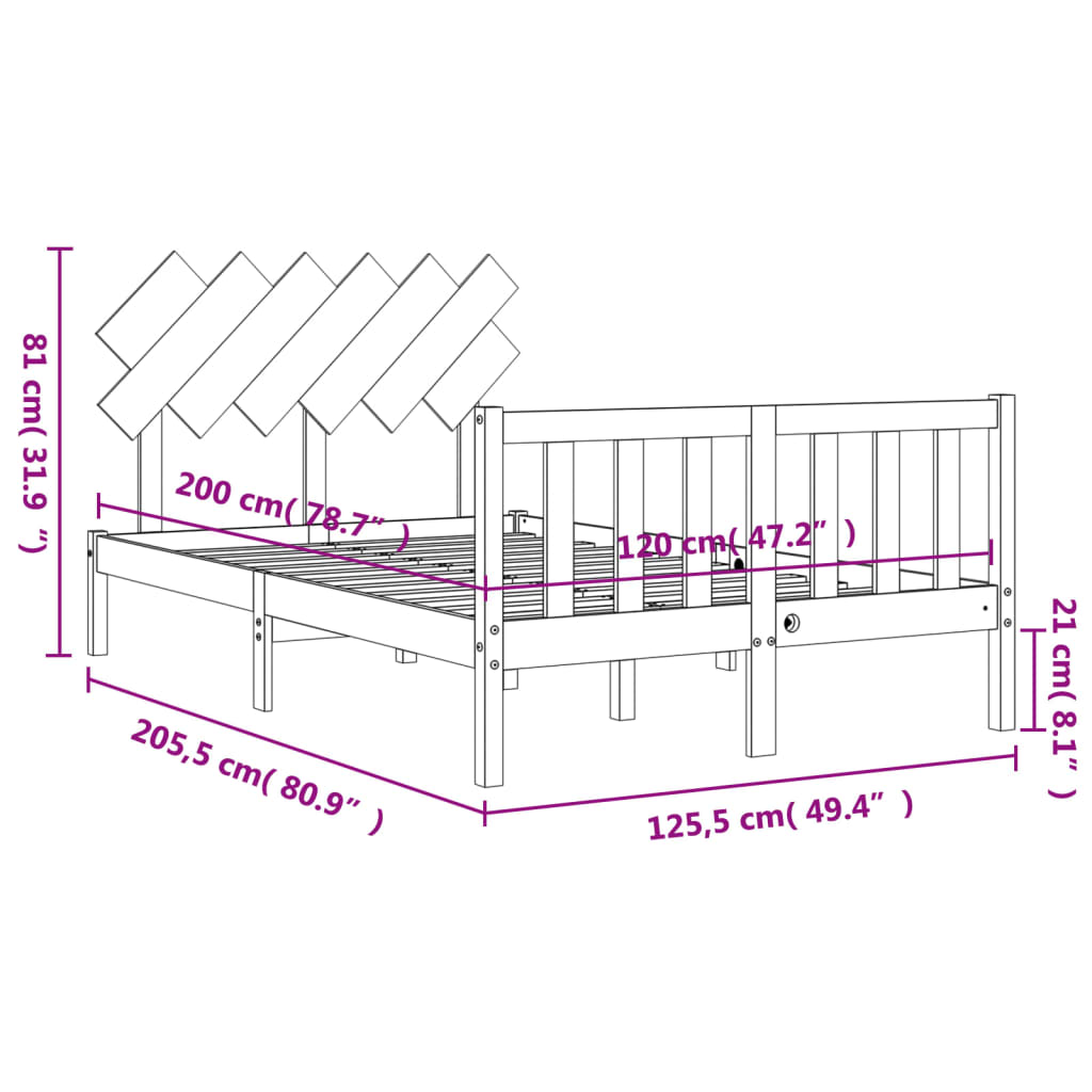 Okvir za krevet s uzglavljem crna 120x200cm od masivnog drva