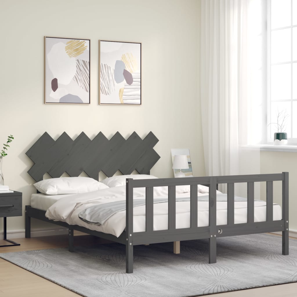 vidaXL Bedframe met hoofdbord massief hout grijs afbeelding