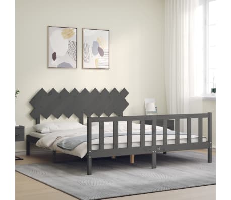 vidaXL Cadre de lit avec tête de lit gris Super King Size bois massif