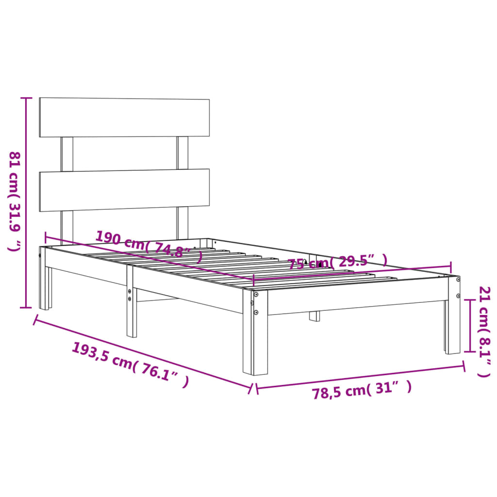 Cadru de pat cu tăblie 2FT6 Small Single, gri, lemn masiv