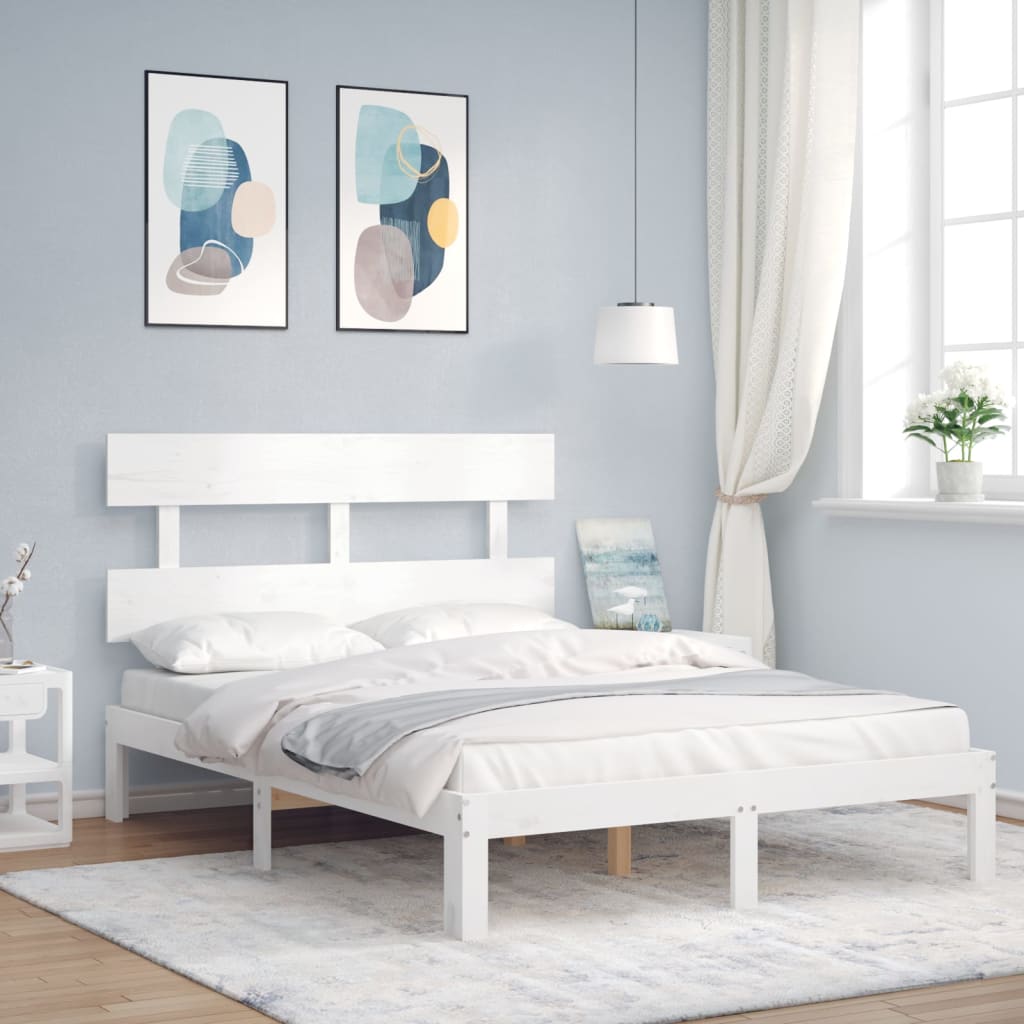 vida XL Massivholzbett mit Kopfteil Weiß 4FT Small Double